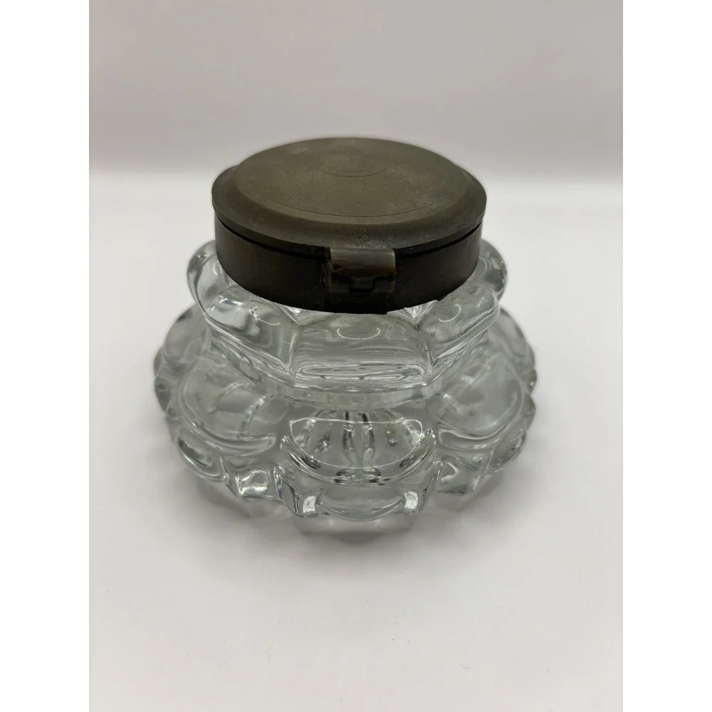 Vintage Antique Inkwell‎ Crystal Glass Brass Lid Old Money GrandpaCore
